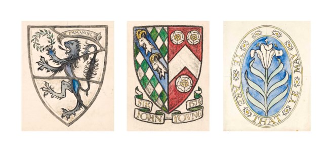 Thirteen studies of heraldic shields for various colleges and schools including: Emmanuel College, Cambridge; Trinity College, Cambridge; Sidney Sussex College, Cambridge; Peterhouse, Cambridge; Red Lodge, Bristol; and others (three illustrated)