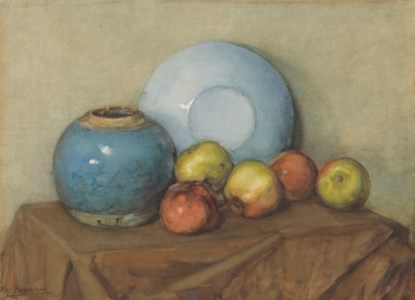Appels, ronde pot en plaat op een tafel