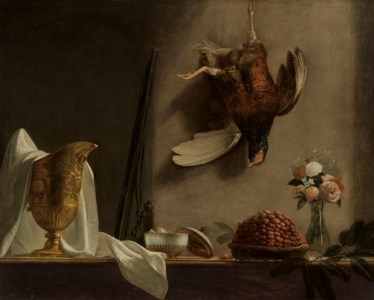 A silver-gilt ewer with other vessels, a gun, a basket of strawberries and a bouquet of flowers in a glass vase on a ledge with a pheasant above
