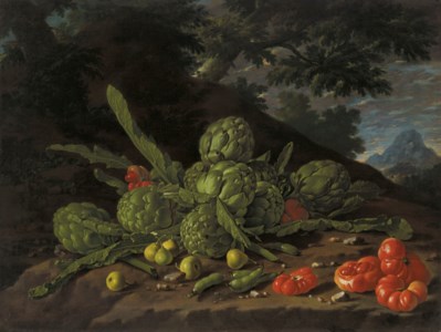 Luis Meléndez, Artichokes and tomatoes in a landscape