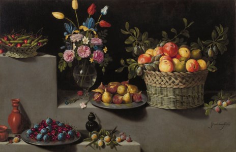 Peaches, pears, plums, peas and cherries in wicker baskets, figs, plums and cherries on pewter plates, a bouquet of tulips, blue and yellow irises, roses and other flowers in a Venetian crystal vase with terracotta and glass vessels and stone fruit on a stone ledge