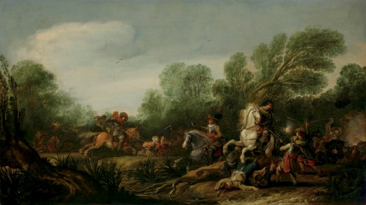 A military skirmish in a wooded landscape