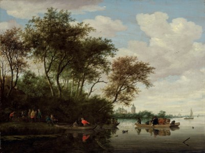A river landscape with a ferry and Kronenburg Castle in the background