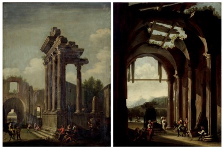 An architectural capriccio of ruins with figures; and An architectural capriccio of a ruined temple interior with figures