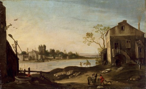Travelers and other figures in a town beside a river