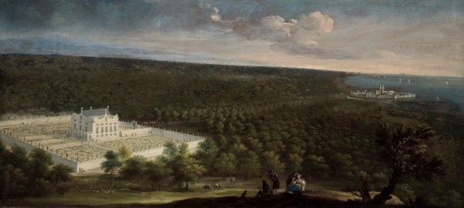 A panoramic landscape with an Italian villa and figures in the foreground
