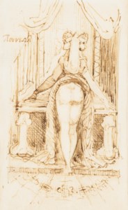 Callipyga: Mrs. Fuseli with her skirts lifted to her waist standing before a dressing table with phallic supports