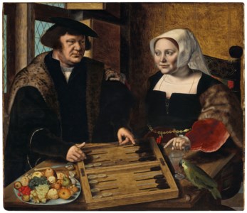 Jan Sander, Double portrait of a husband and wife, half-length, seated at a table, playing tables