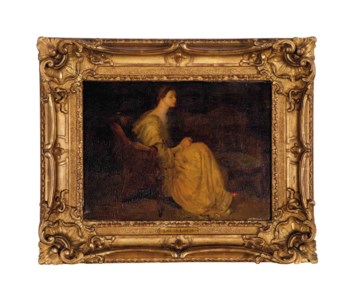 A woman seated, in a white dress