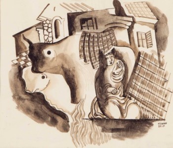 Woman and cows in a village