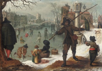 Skaters on a frozen waterway in a town