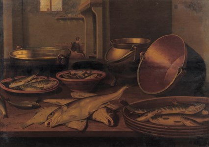 A kitchen interior with fish and utensils on a table