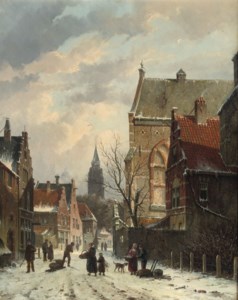 A snow-covered street with a church beyond