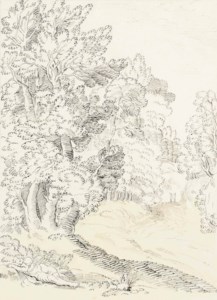 Arcadian scene with a classical figure beside a wooded path