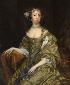 Portrait of Lady Cotton, three-quarter length, seated, in a green and white satin dress