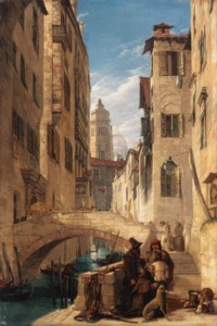 View of a Venetian canal with a religious procession on a bridge, and a monk at the foot of the steps