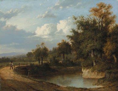 A wooded river landscape with a traveller on a track