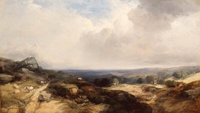 An extensive landscape with sheep in the foreground and cottages and a church in the middle distance