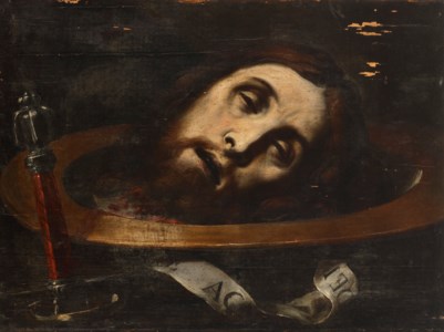The Head of Saint John the Baptist on a charger with a cartellino and a sword nearby