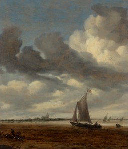 A smalschip in an estuary with two fishermen in the foreground