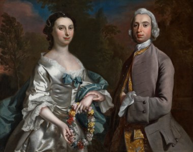 Portrait of Mr. Edward Pryce (b.1723), Gunley and Mrs. Frances Pryce, neé Egerton, Trelydan, half-length, with a landscape beyond