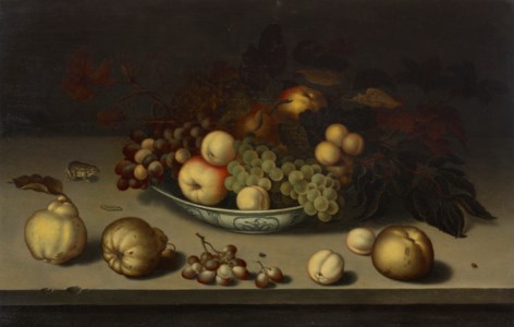 Grapes, apples, peaches and apricots in a Wan-li bowl, with quinces, a frog, a caterpillar, a fly and a beetle on a stone ledge