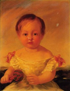 Portrait of the artist's daughter, Elizabeth Caroline Chapman aged 2, three-quarter-length, in a white dress, holding a rattle