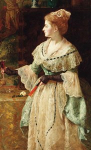 Portrait of a lady, three-quarter-length, in a blue lace-trimmed dress, holding a fan and a glass of wine, in an interior