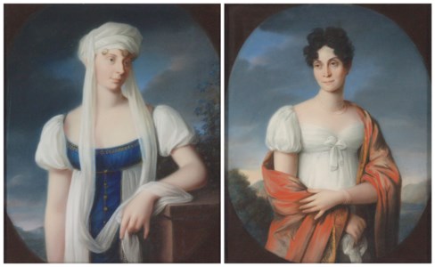 Portrait of Princess Luise von Mecklenburg, Queen of Prussia (1776-1810), in a blue dress and white shawl; and a portrait of Princess Charlotte von Mecklenburg, Duchess of Sachsen-Hildburghausen-Altenburg (1769-1819) in a white dress and red shawl