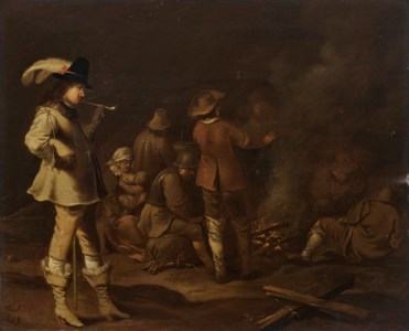 Soldiers and a woman nursing a child around a fire