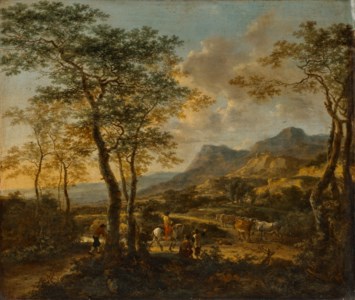 Extensive Italianate landscape with a traveler and drovers on a road, a farmhouse and a village beyond