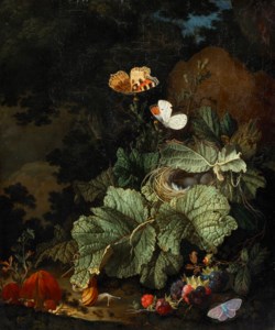 A forest floor still life with a bird's nest, toadstools, snails, boysenberries, aurora, and common blue butterflies