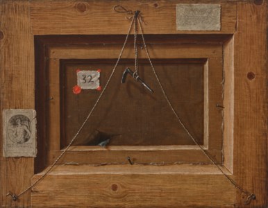 A trompe l'oeil of the back of a painting with an extensively inscribed label, hanging cords, an inventory number with red wax, and a Hebrew bookplate