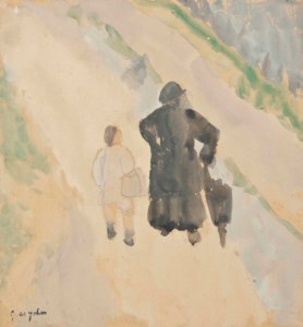 An old woman and a boy on a country road