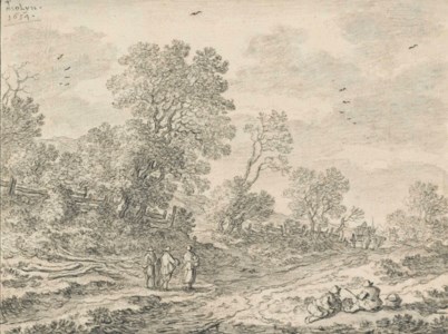 Travellers on a road, with two figures resting in the foreground