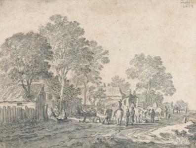 Horsemen and wagon-drivers resting in a village