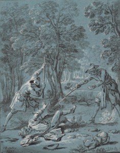 Illustration of a fable by Jean de La Fontaine: Jupiter and the passenger