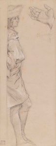 A standing youth in Renaissance costume, seen in profile, facing right, with a subsidiary study of a hand