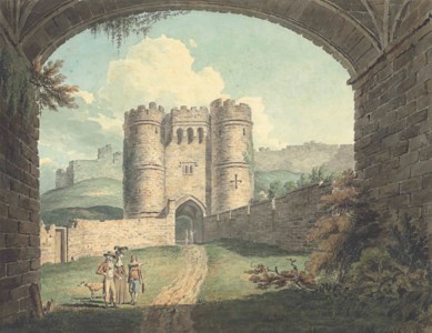 Carisbrooke Castle, Isle of Wight, seen through an archway, with elegant figures in the foreground