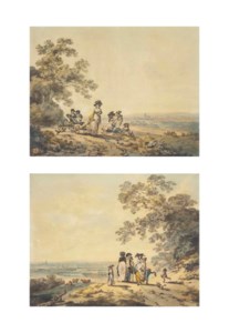 Views of London, the Thames and St Paul's in the distance: Woman and children with a baby carriage; and A family pausing on a road