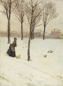 Signora sulla neve con cagnolino
