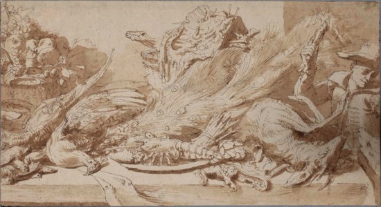 Still life of game, fish and fruit on a table, with a boy teasing a dog on the right