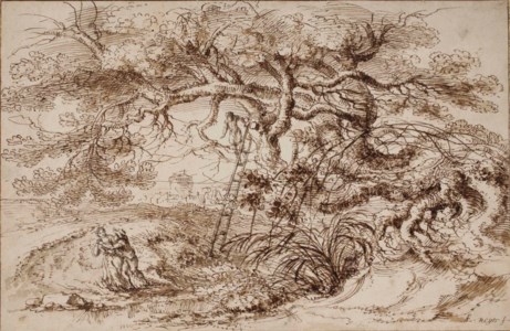A landscape with a monumental tree and an amorous couple
