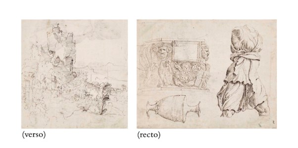 Studies of Roman sculpture: A fragment of a sarcophagus, an antique vase and a torso of Artemis ( recto ); A fantastical mountainous landscape with ruins ( verso )