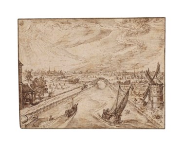 A bird's eye view of a canal with an arched bridge