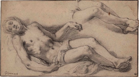 A reclining male nude with a subsidiary study of his legs: Studies for The Lamentation