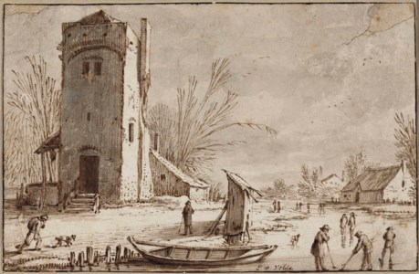 A winter landscape with a tower, kolf players on a frozen river in the foreground
