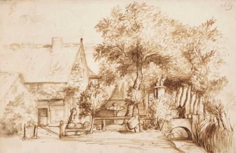 A country house with a grand gateway beside a stream