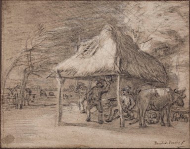 Herdsmen and their animals sheltering from a storm