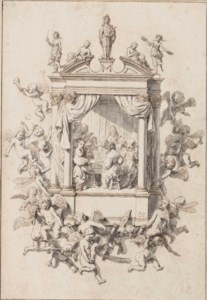 Design for a musical emblem: A chamber orchestra performing within an architectural surround, accompanied by putti, Apollo and the Muses